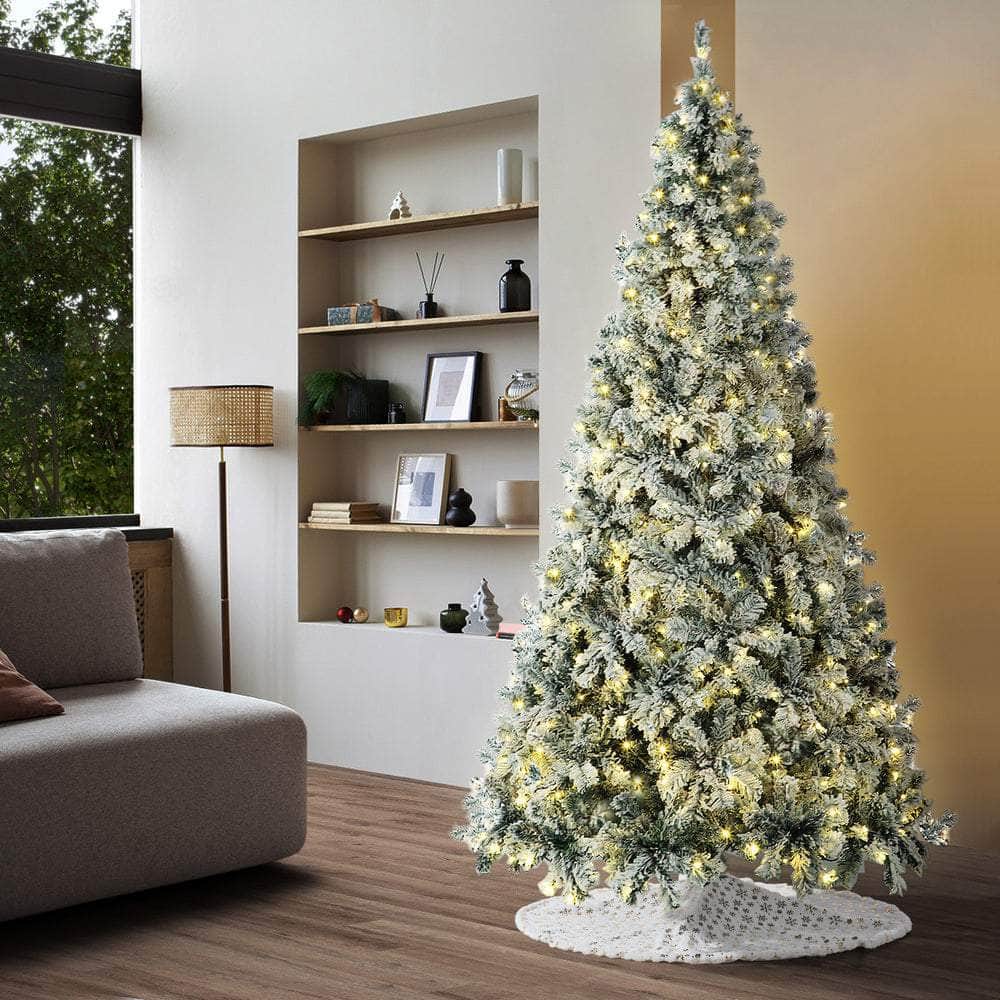 LED Christmas Tree 2.1M 7FT & 8FT Snow-Frosted Green with Tree Skirt Xmas Decor