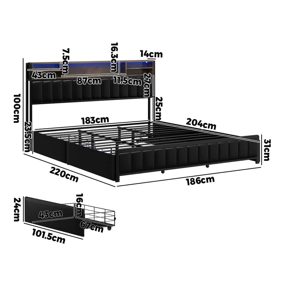 LED King Bed Frame with 4 Drawer Storage & USB Charge Headboard