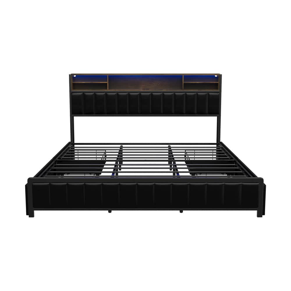 LED King Bed Frame with 4 Drawer Storage & USB Charge Headboard