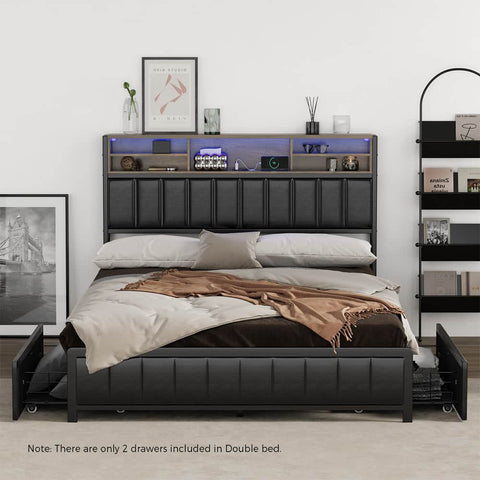 LED Storage Bed Frame Double  Size with USB?Charge Headboard