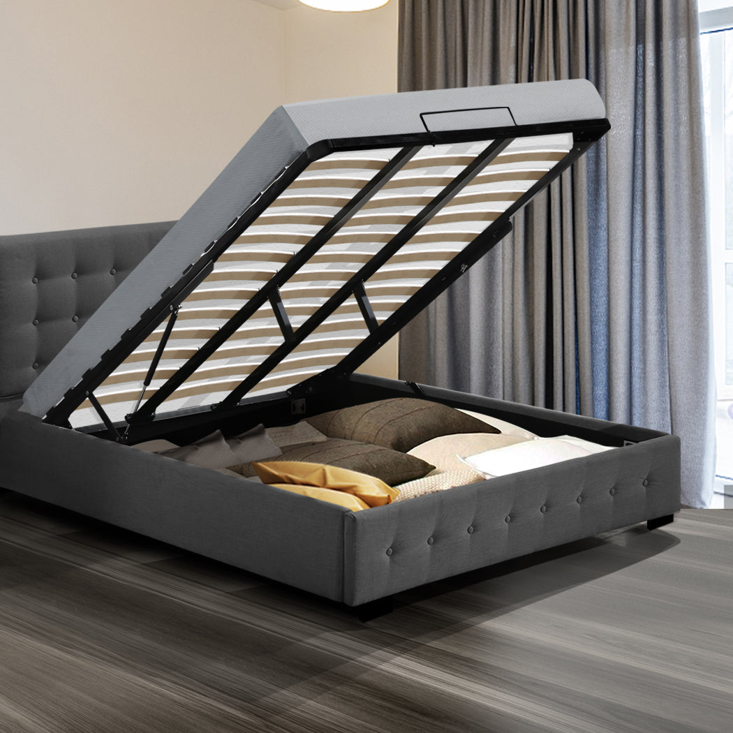 King Fabric Bed Frame Dark Grey Tufted Upholstered Bedroom Furniture