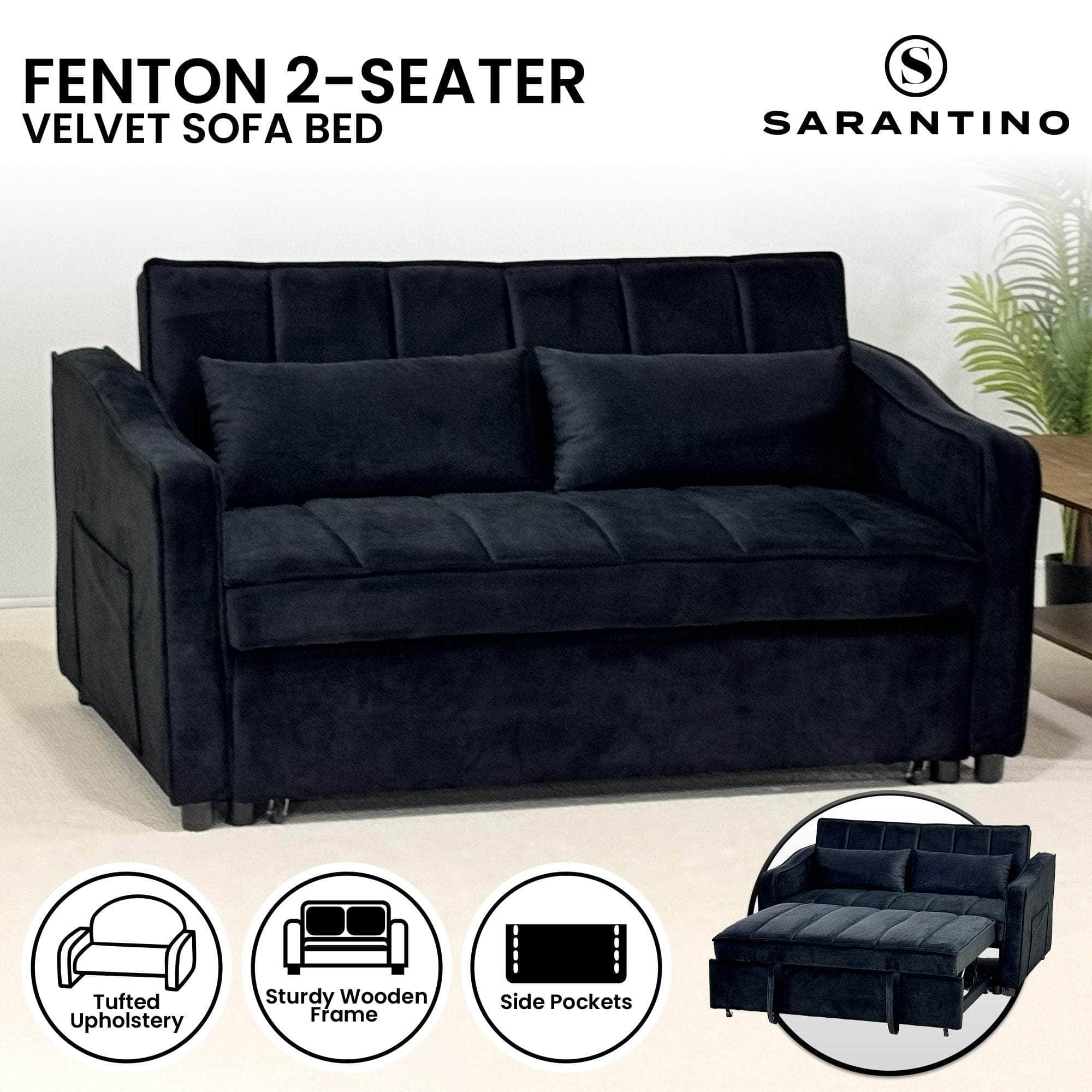Light Black/Dark/Light grey Velvet 2-Seater Sofa Bed with Comfortable Sleeping