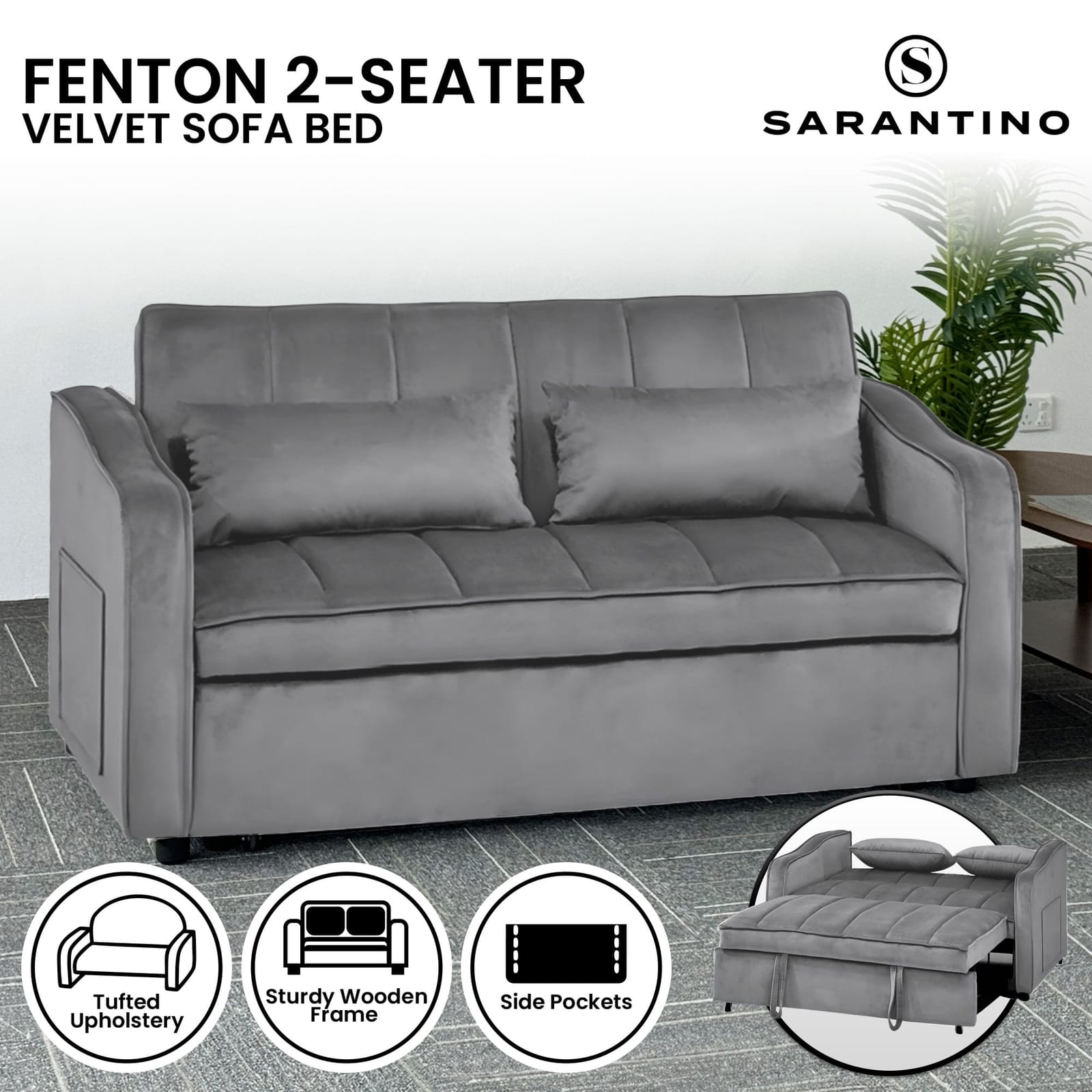 Light Black/Dark/Light grey Velvet 2-Seater Sofa Bed with Comfortable Sleeping