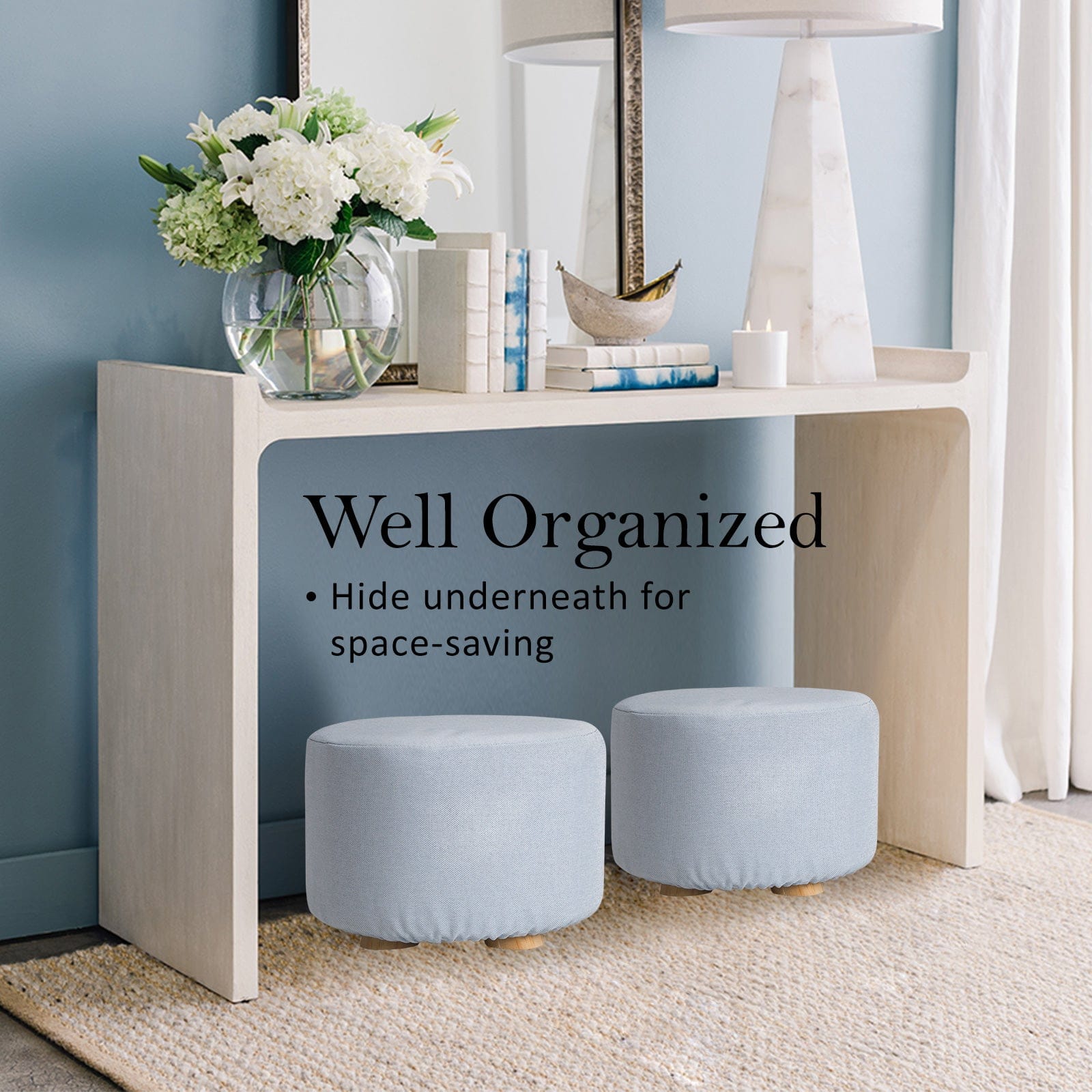 Fabric Ottoman Round Wooden Leg Foot Stool - LIGHT BLUE - Blue colour