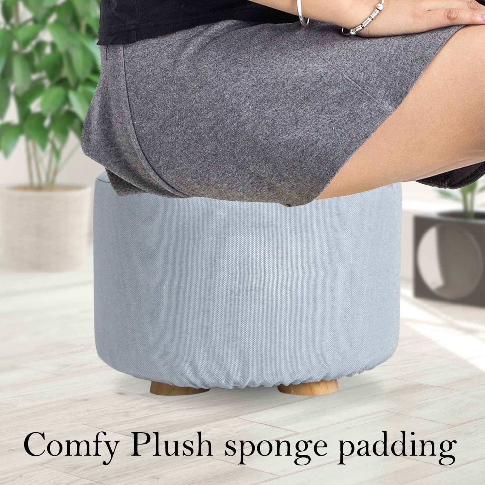 Fabric Ottoman Round Wooden Leg Foot Stool - LIGHT BLUE with Blue colour - photo 17