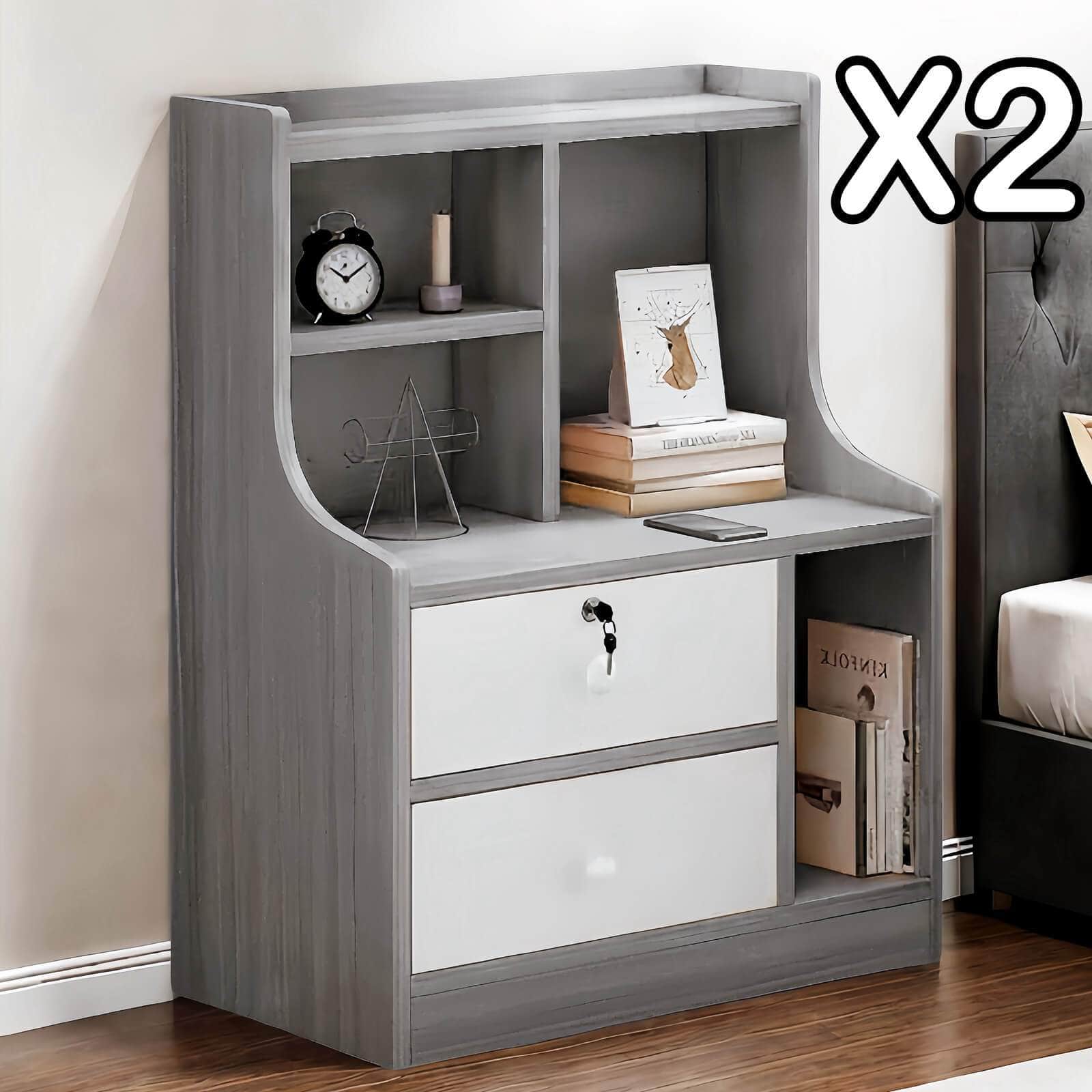 Light Gray Nightstand White Drawer Fronts Secure Storage Open Shelf 70cm
