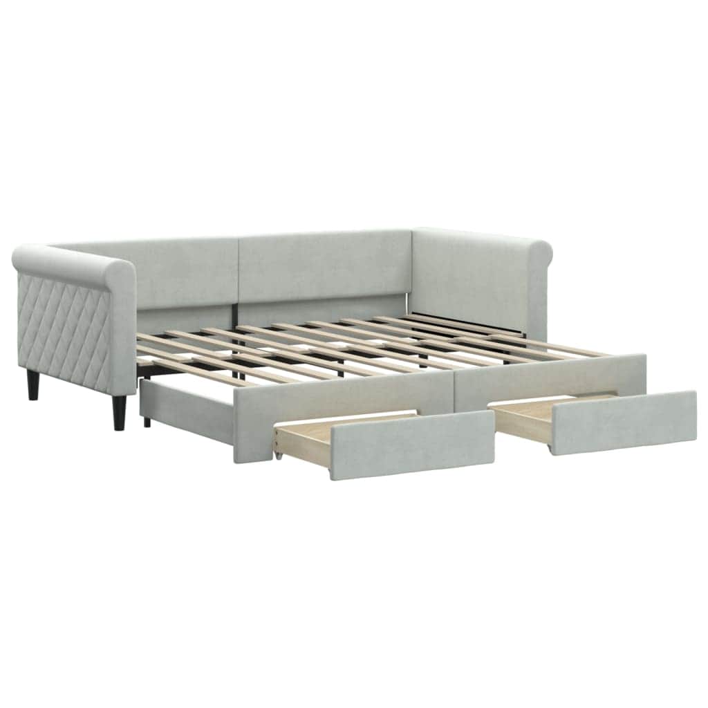 Light Grey Daybed with Trundle and Drawers Velvet Solid Wood Convertible Bed