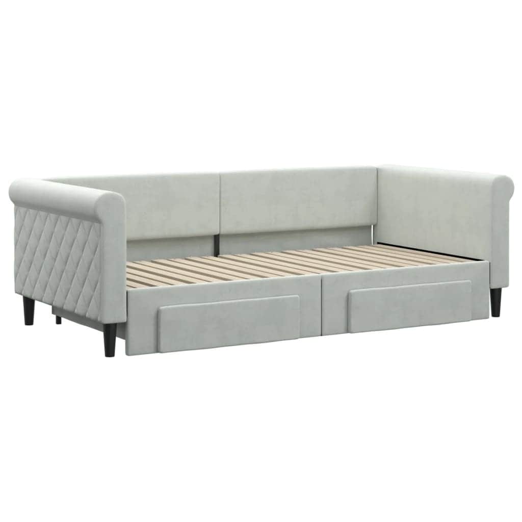 Light Grey Daybed with Trundle and Drawers Velvet Solid Wood Convertible Bed