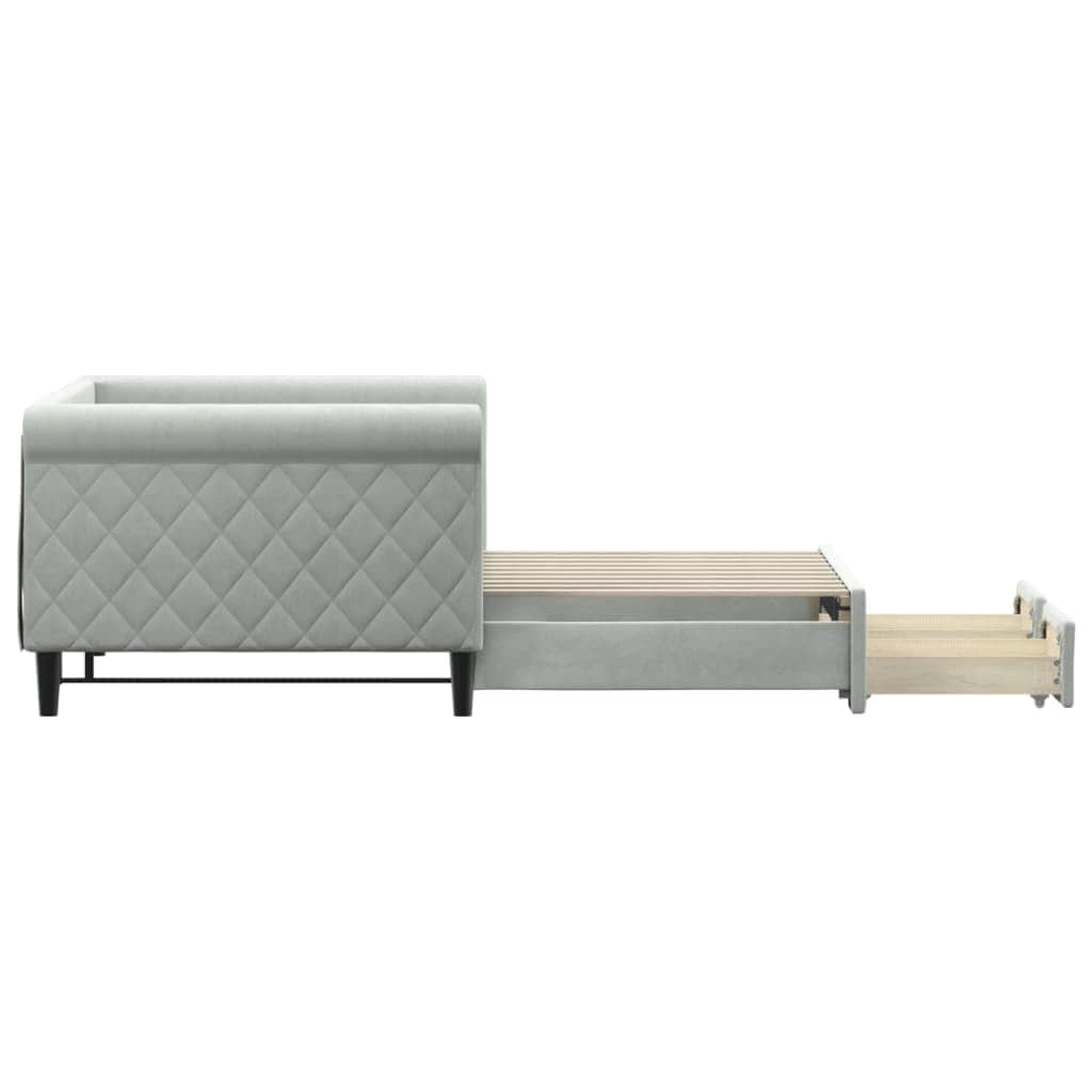 Light Grey Daybed with Trundle and Drawers Velvet Solid Wood Convertible Bed