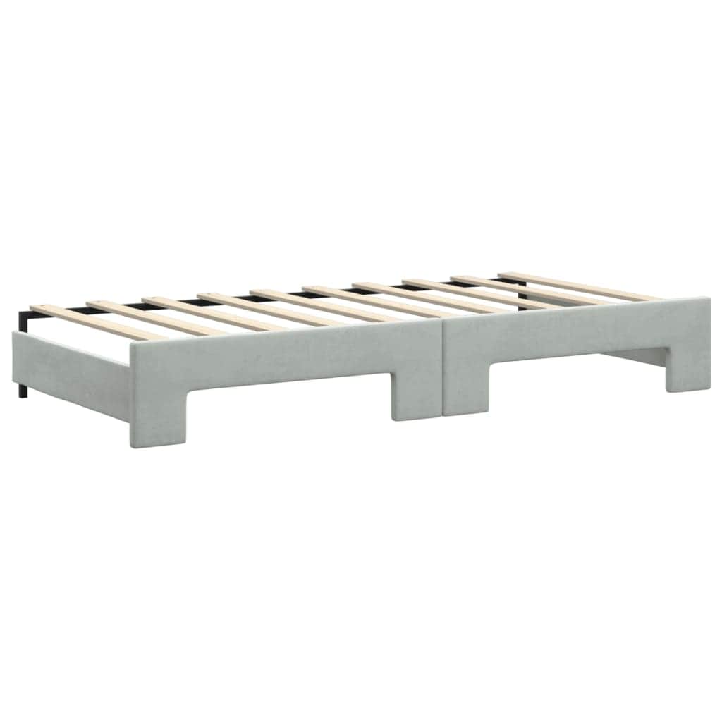 Light Grey Daybed with Trundle and Drawers Velvet Solid Wood Convertible Bed