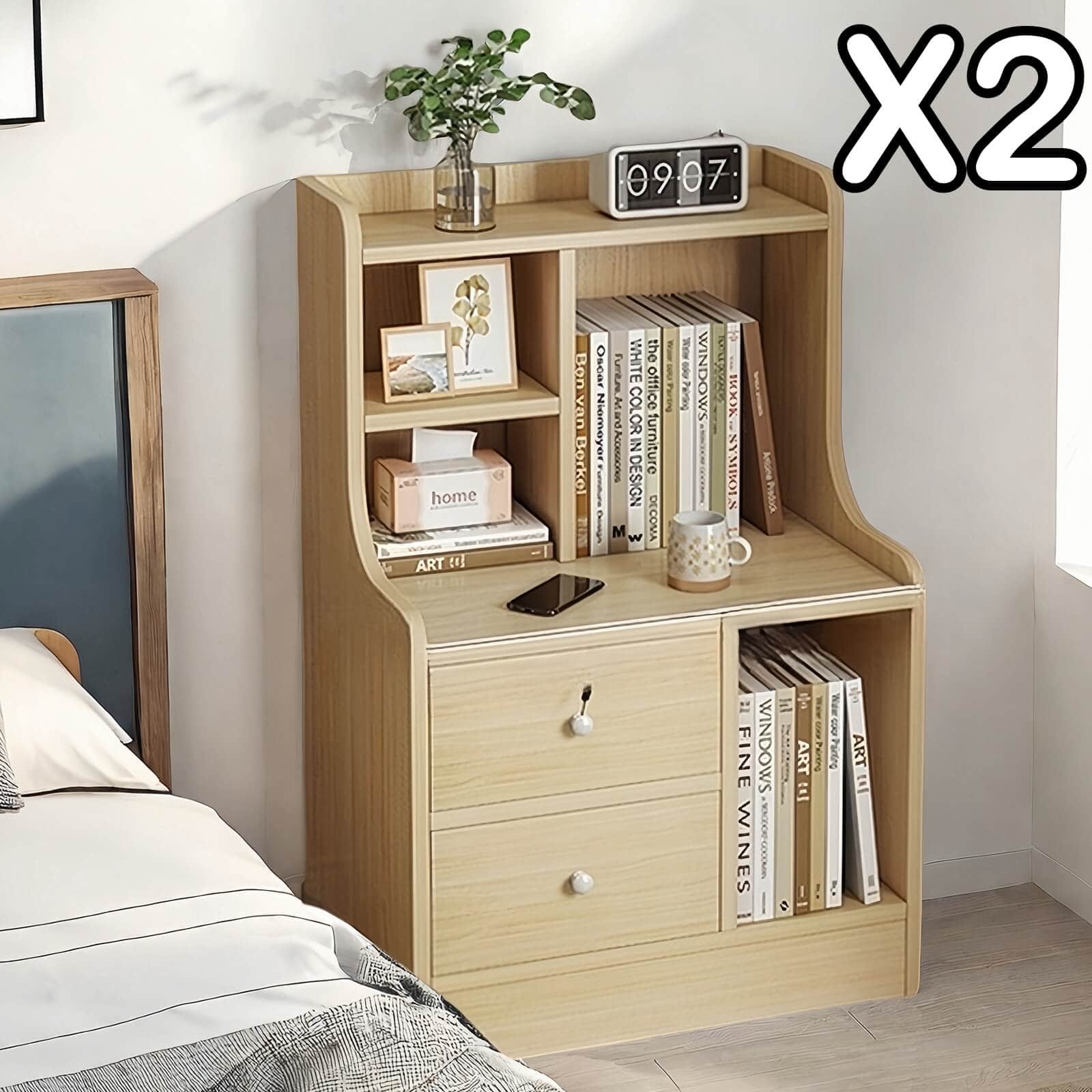 Light Wood Nightstand Secure Drawer Open Shelf Storage Tray Nordic Style 70cm