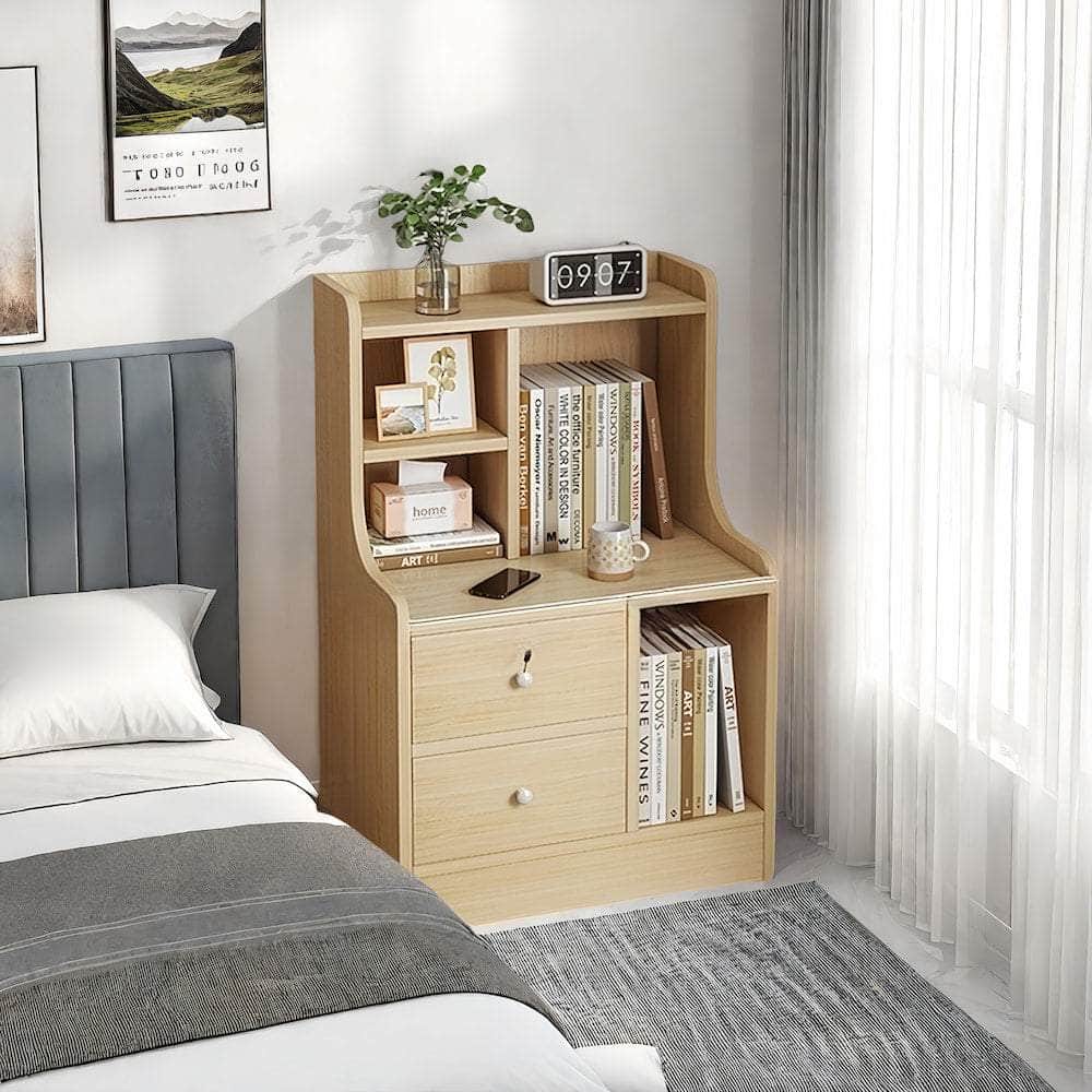 Light Wood Nightstand Secure Drawer Open Shelf Storage Tray Nordic Style 70cm