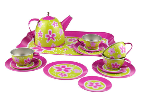 Lime Daisy Flower Tin Tea Set 15Pcs
