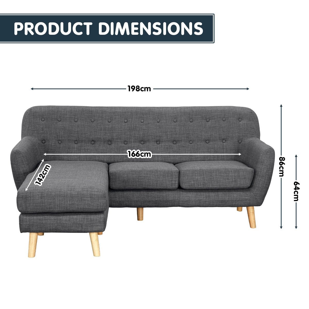 Linen Corner Wooden Sofa Couch Lounge L-Shaped With Chaise - Dark Grey