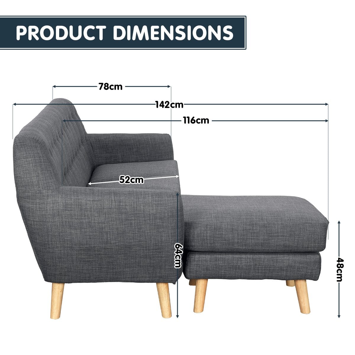 Linen Corner Wooden Sofa Couch Lounge L-Shaped With Chaise - Dark Grey