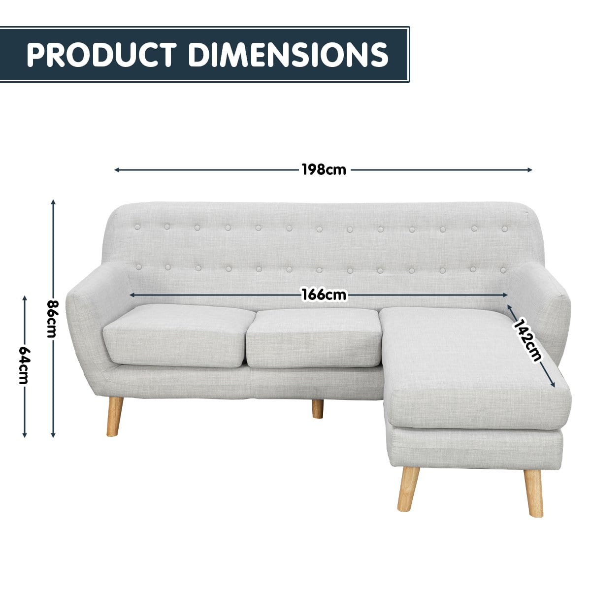 Linen Corner Wooden Sofa Lounge L-shaped with Left Chaise Light Grey