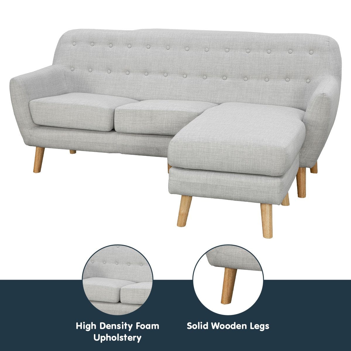 Linen Corner Wooden Sofa Lounge L-shaped with Left Chaise Light Grey