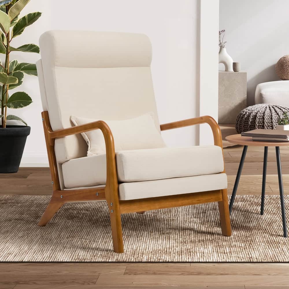 Linen Fabric Armchair Lounge Chair with Lumbar Pillow Beige & Green