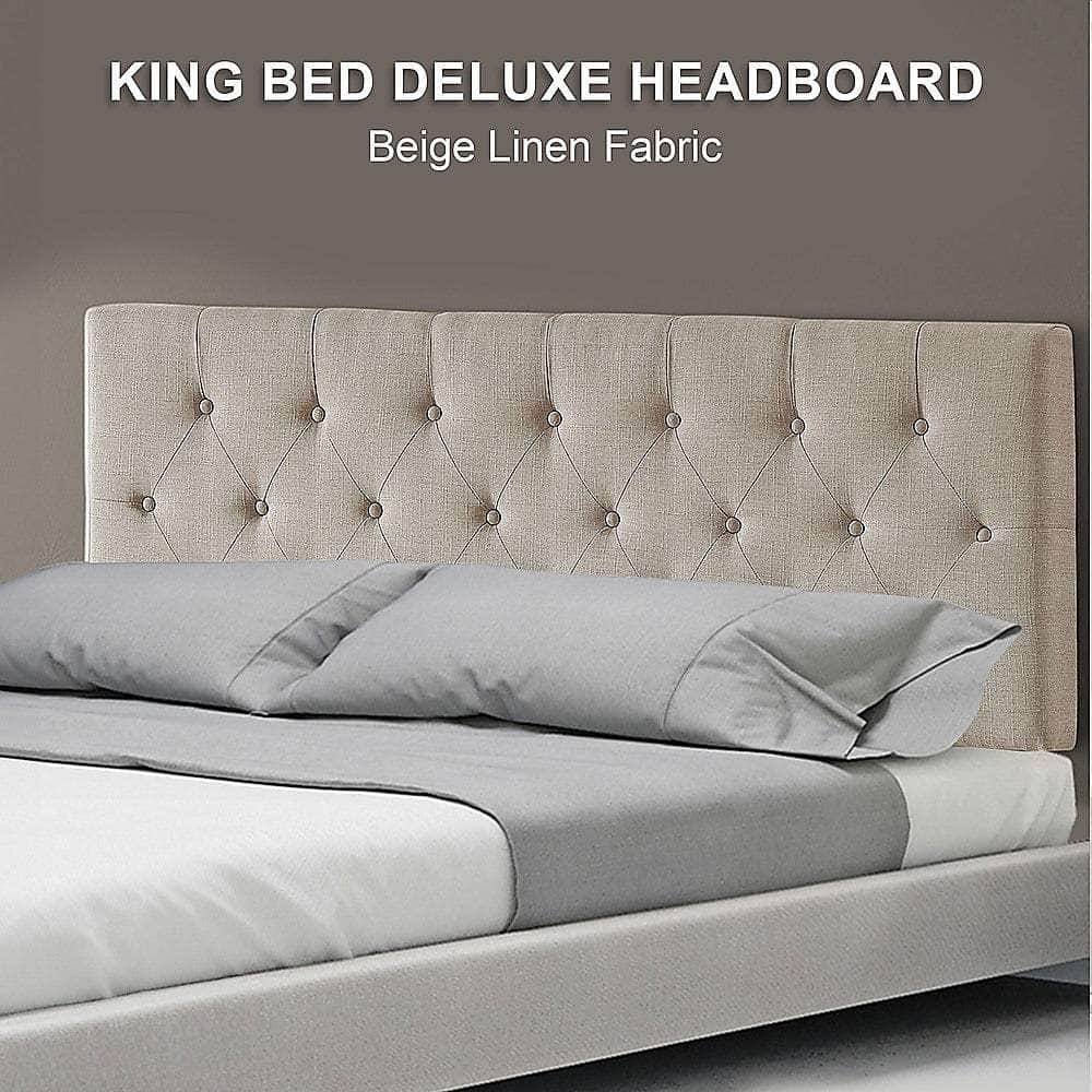 Linen Fabric King Bed Deluxe Headboard Bedhead - Beige