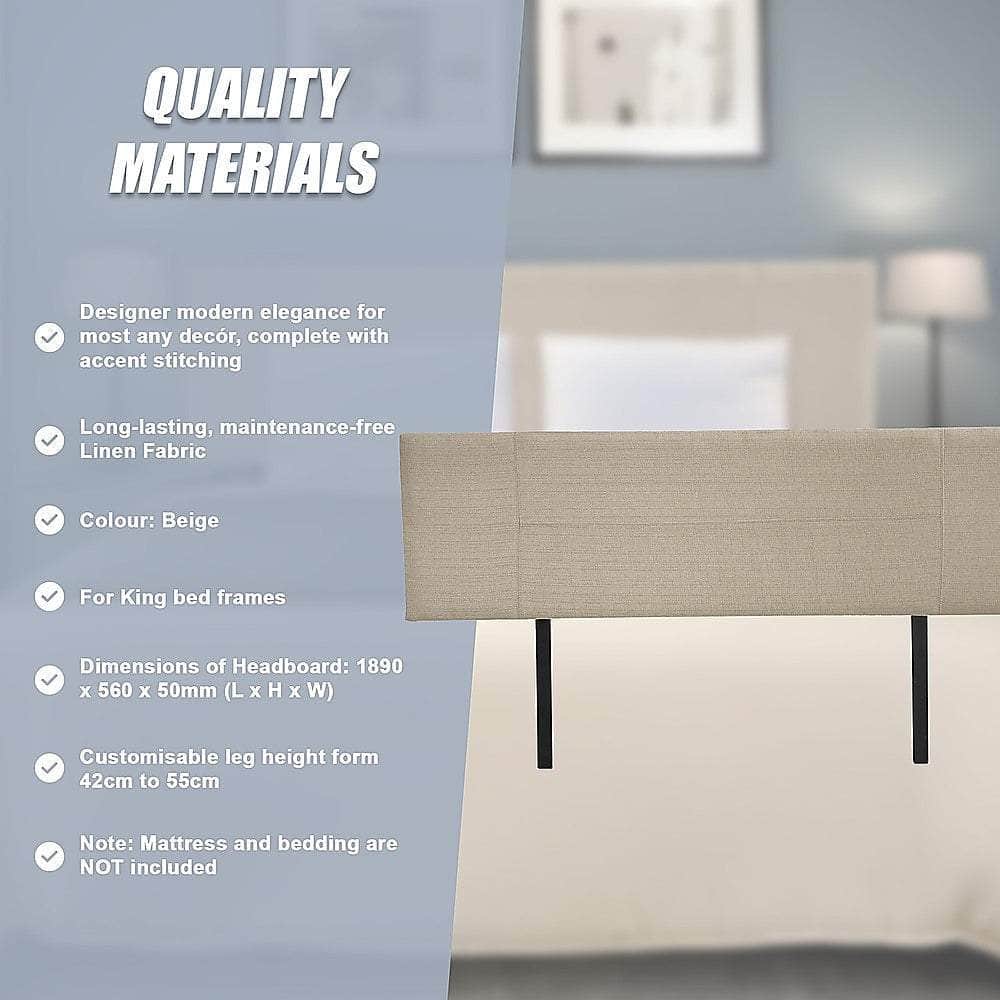 Linen Fabric King Bed Headboard Bedhead - Beige