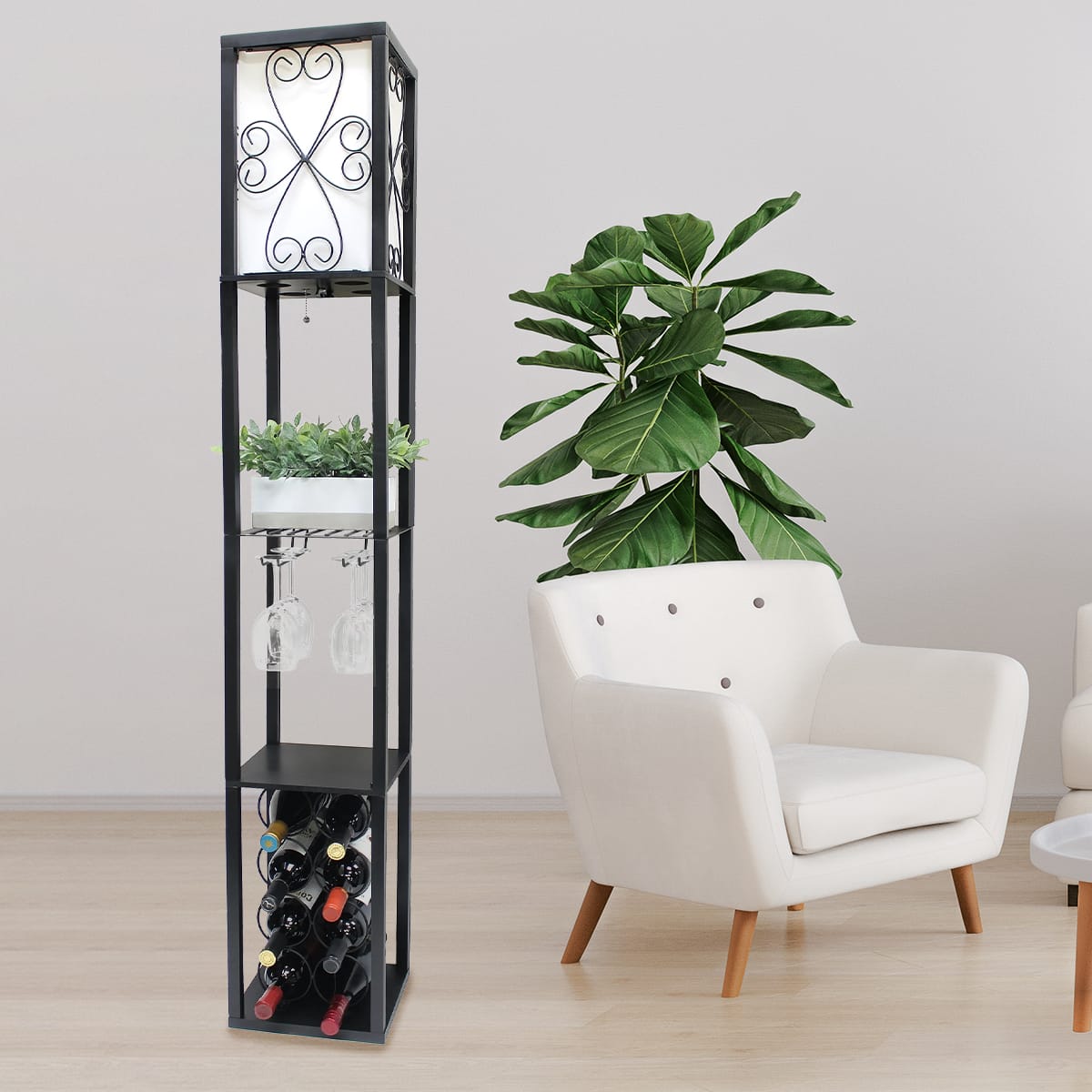 Metal Etagere Floor Lamp with Wine Holder Shelf - lamps