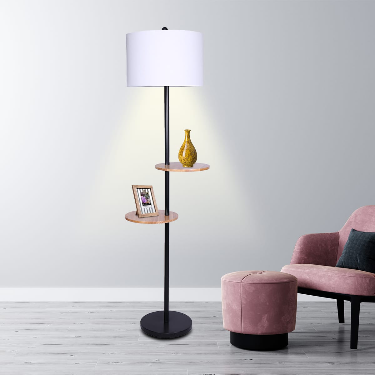 Metal Floor Lamp Shade with Black Post in Round Wood Shelves | Black colour