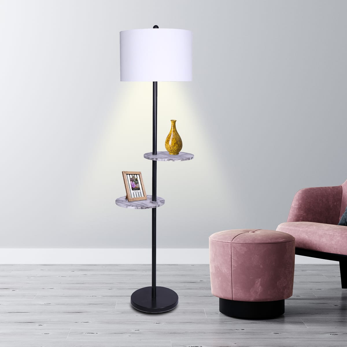 Metal Floor Lamp Shade Black Post in Marble Finish Shelves | lamps