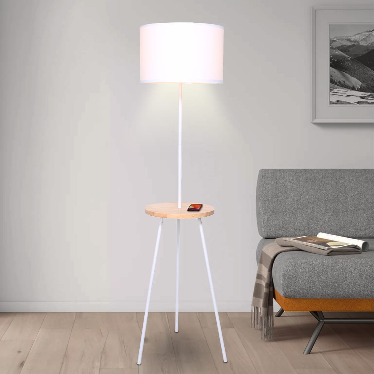 Metal Tripod Floor Lamp Shade with Wooden Table Shelf - lamps