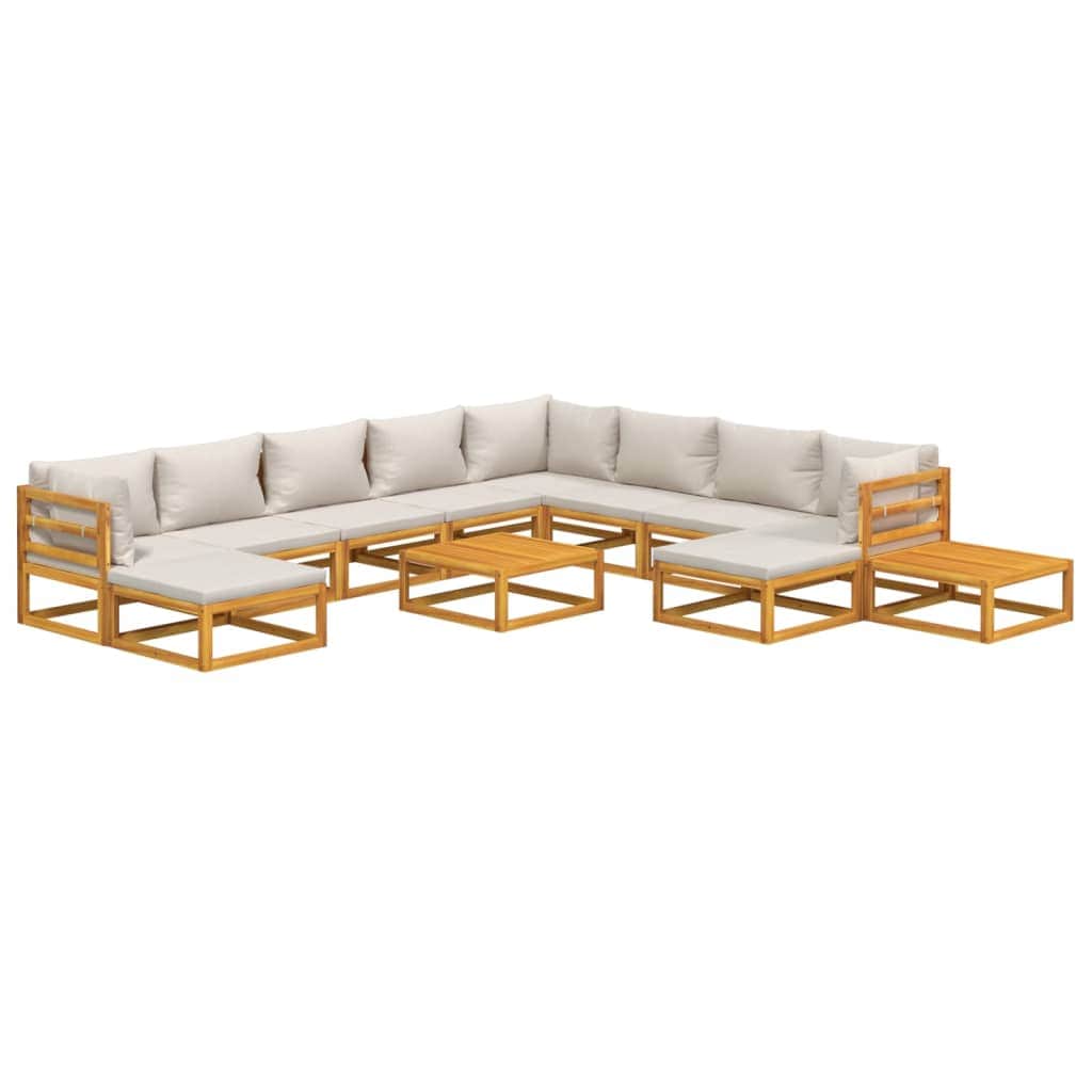 Lustrous Lounge: 12-Piece Solid Wood Garden Set with Light Grey Cushions