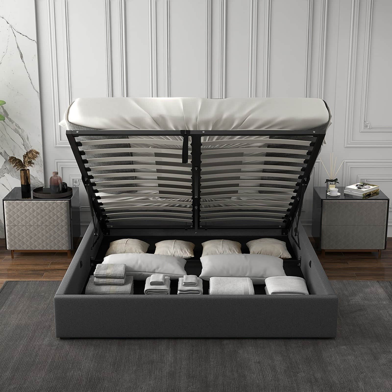 Luxury Gas Lift Bed Grey King - Upholstered Headboard Model 3
