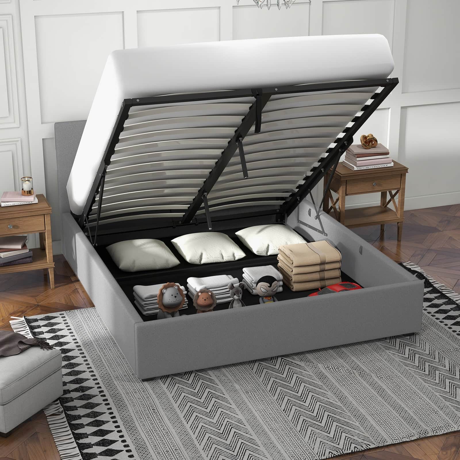 Luxury Gas Lift Storage Bed with Headboard Upholstered Grey King Single