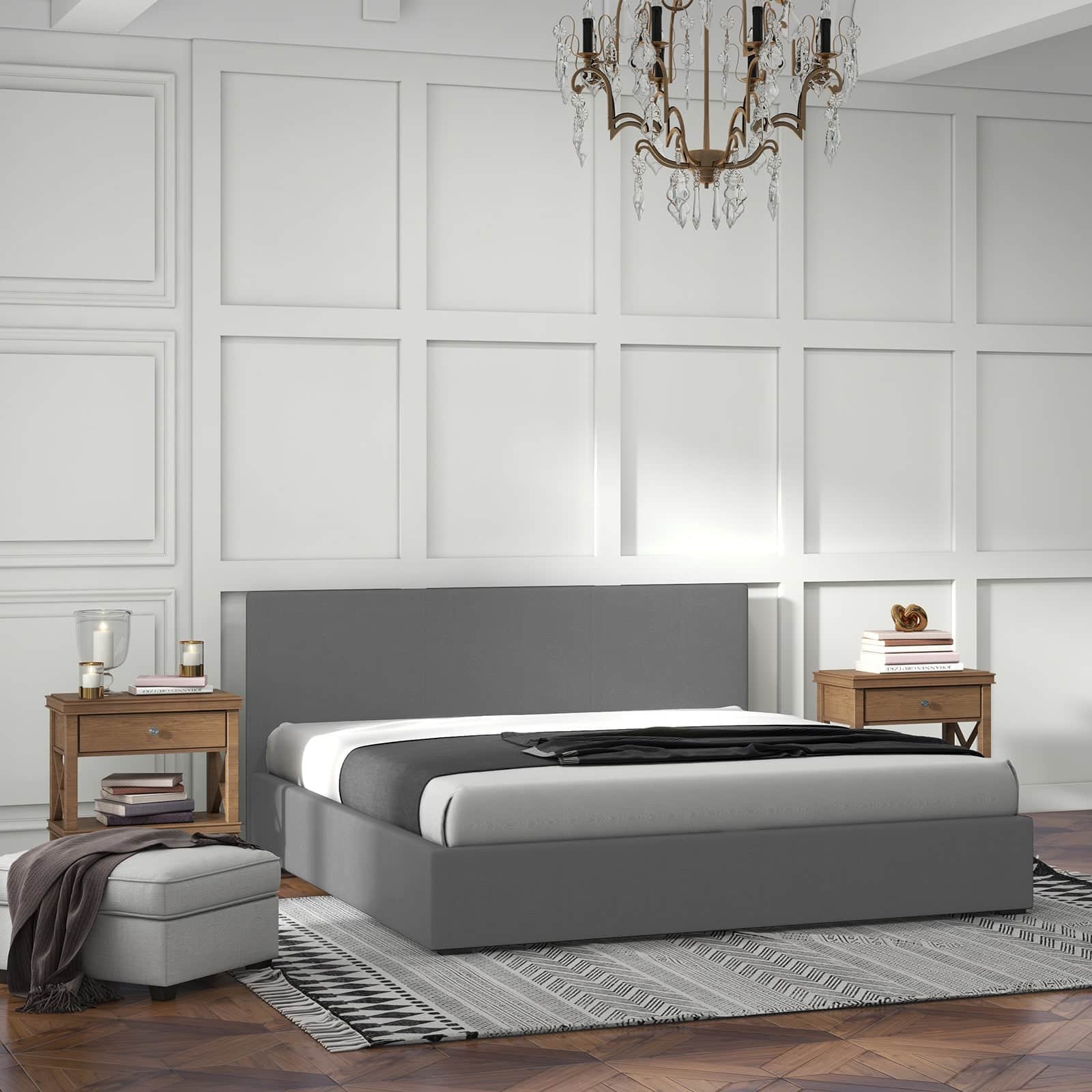 Luxury Gas Lift Storage Bed with Headboard Upholstered Grey King Single