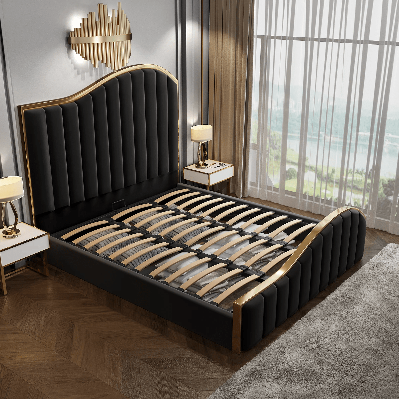 Luxury King Size Velvet Fabric Storage Bedframe Golden Trim-Black