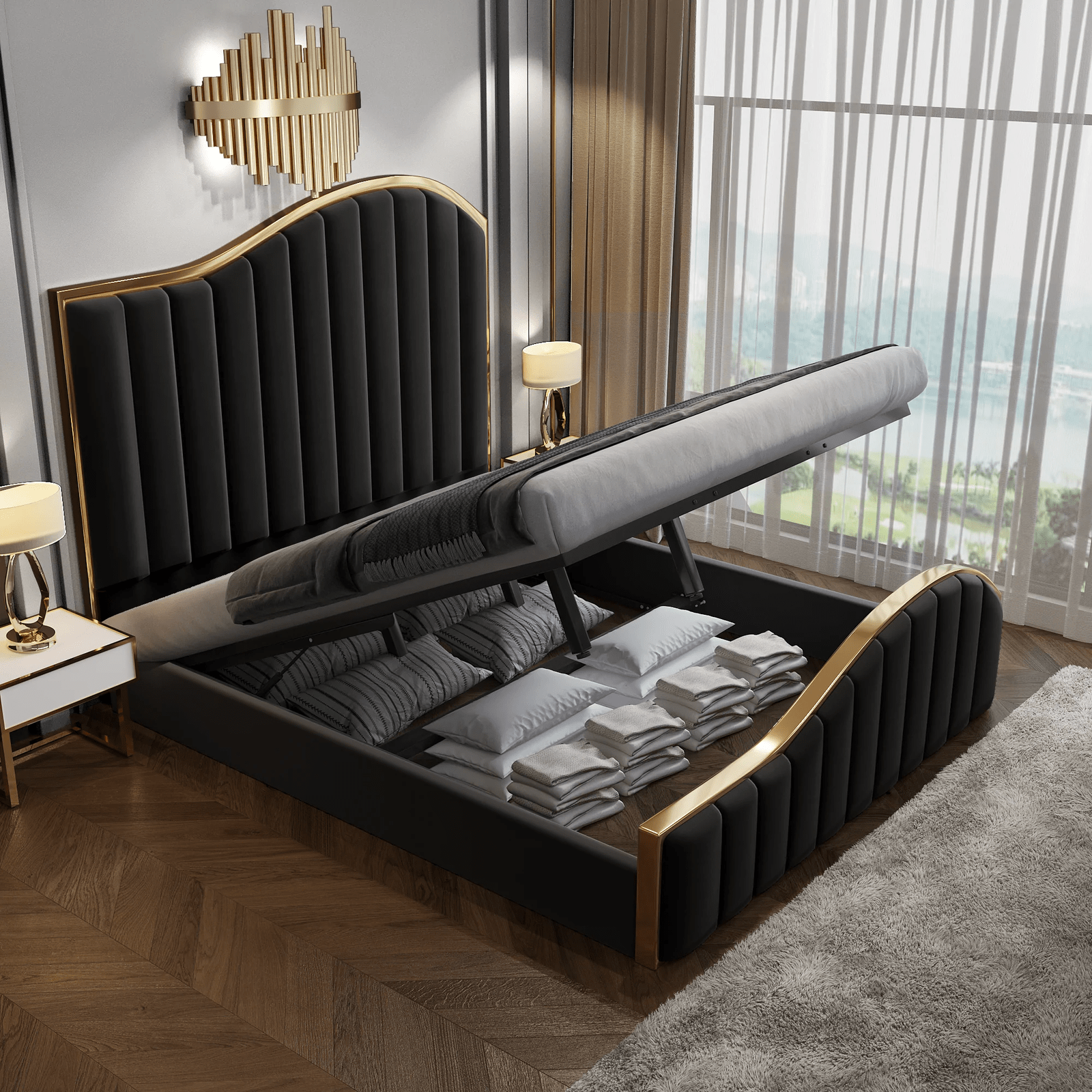 Luxury King Size Velvet Fabric Storage Bedframe Golden Trim-Black