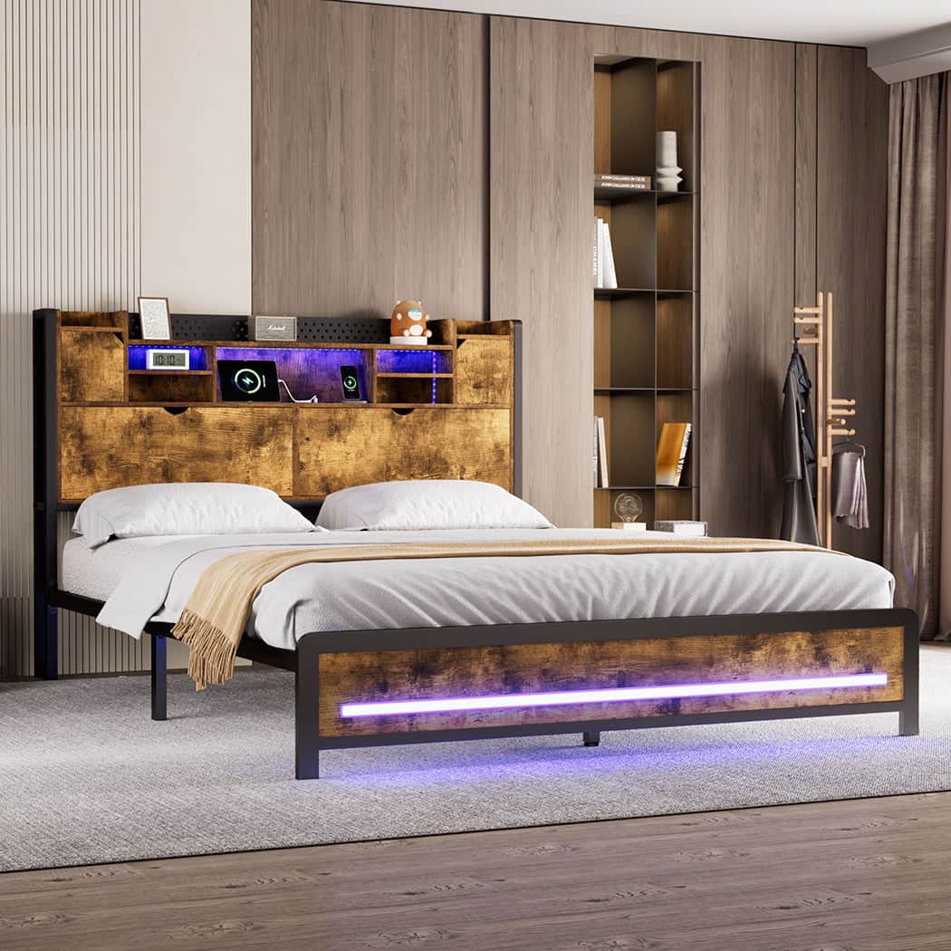 Luxury Queen Bed Frame Storage Headboard Industrial  Foldable