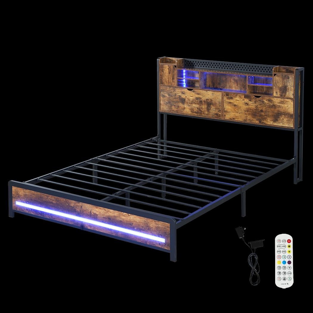 Queen Bed Frame With Storage Headboard Industrial Style