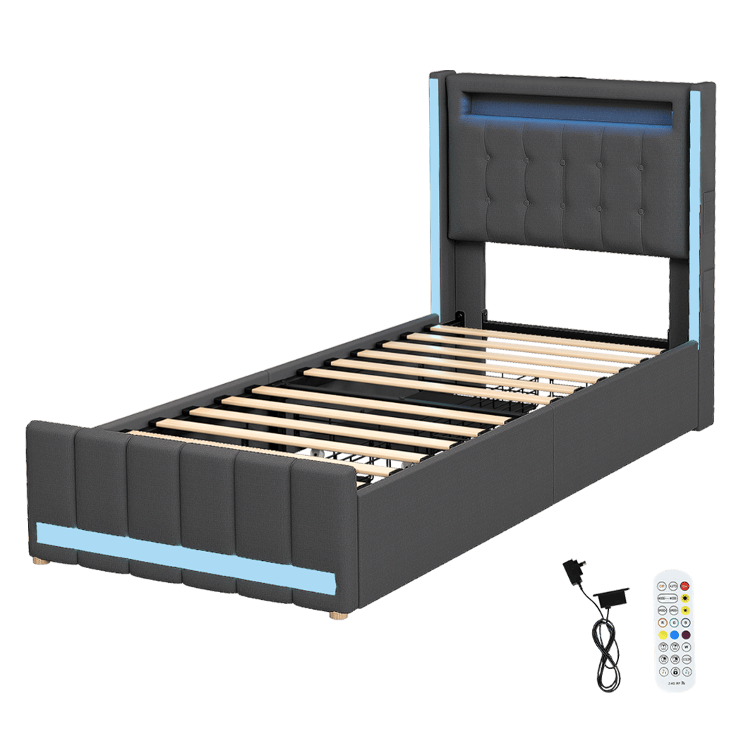 Luxury Single Bed Frame Fabric Storage Drawer LED USB  Sleek Modern