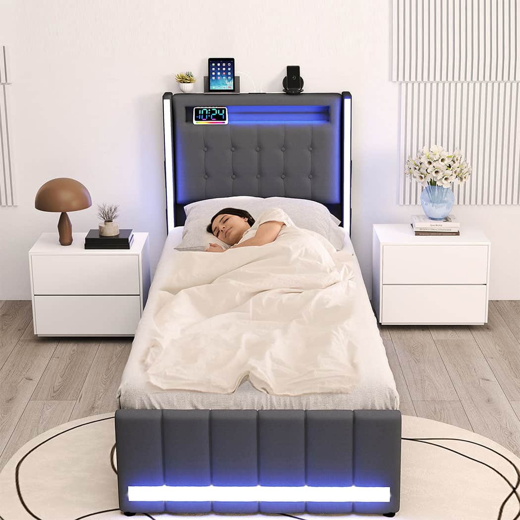 Luxury Single Bed Frame Fabric Storage Drawer LED USB  Sleek Modern