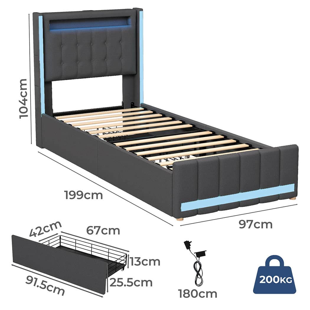 Luxury Single Bed Frame Fabric Storage Drawer LED USB  Sleek Modern