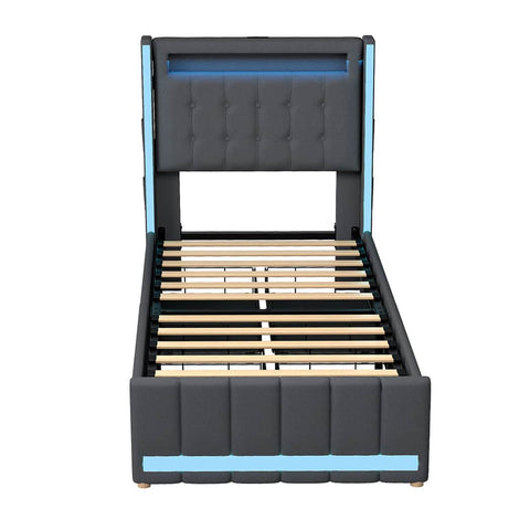 Luxury Single Bed Frame Fabric Storage Drawer LED USB  Sleek Modern