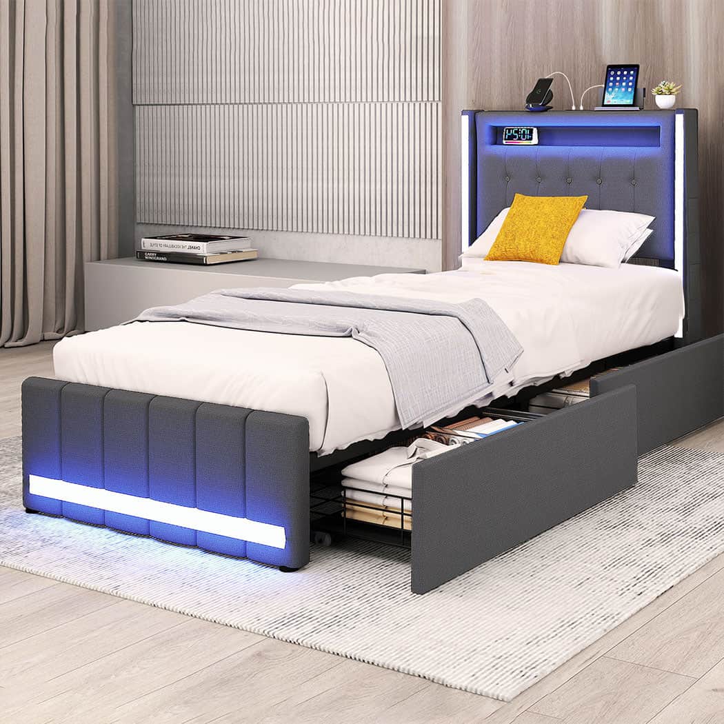 Luxury Single Bed Frame Fabric Storage Drawer LED USB  Sleek Modern