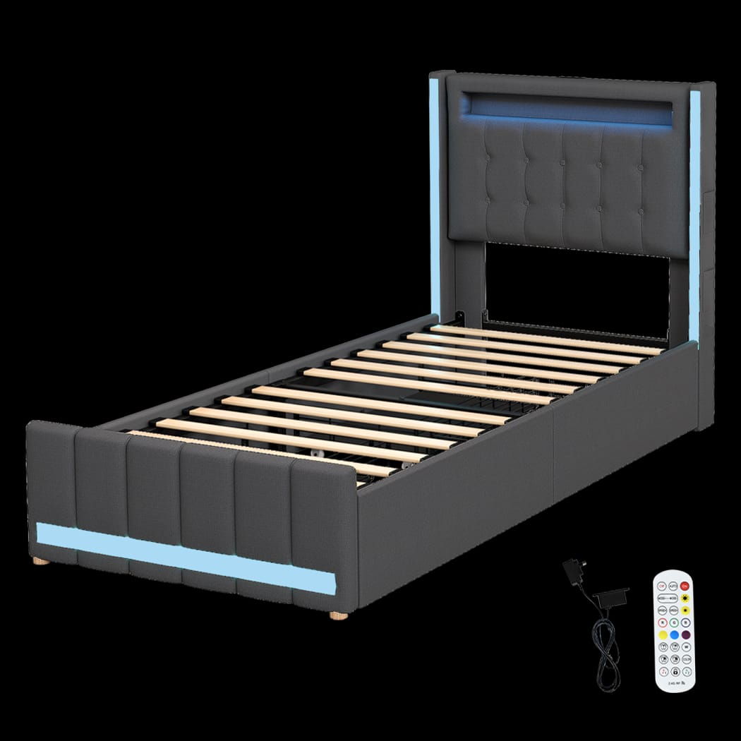 Single Bed Frame With Fabric Storage Drawer And LED USB