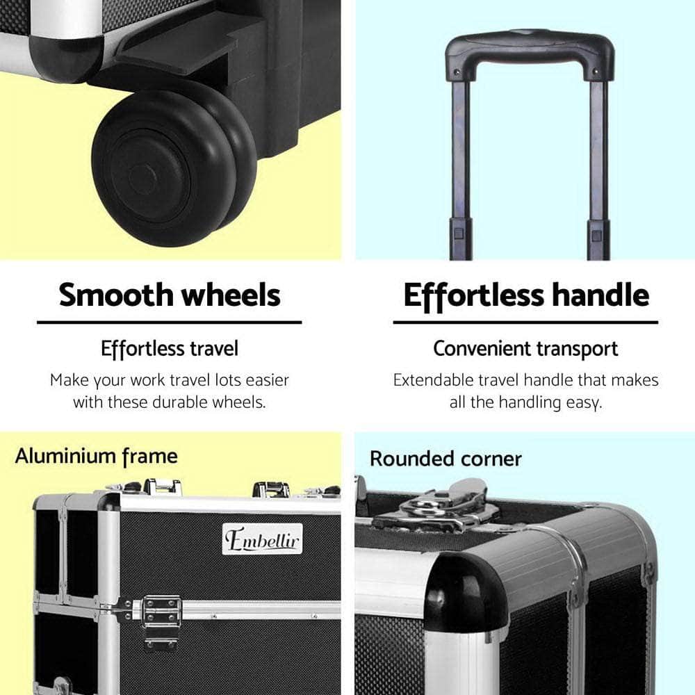 Makeup Case Beauty Trolley Cosmetic Organiser Box Travel Wheels Black