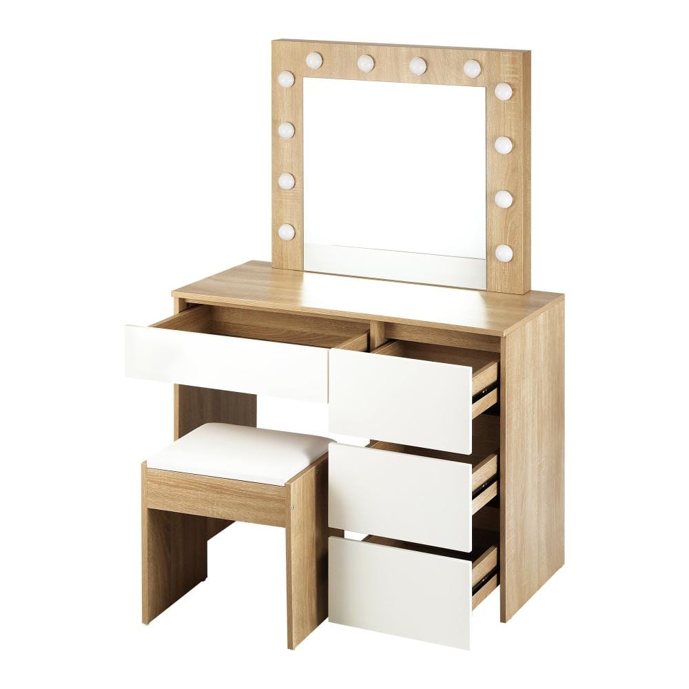 Makeup Desk with Mirror, Storage, and 12 LED Lighting-Wood\White\Black
