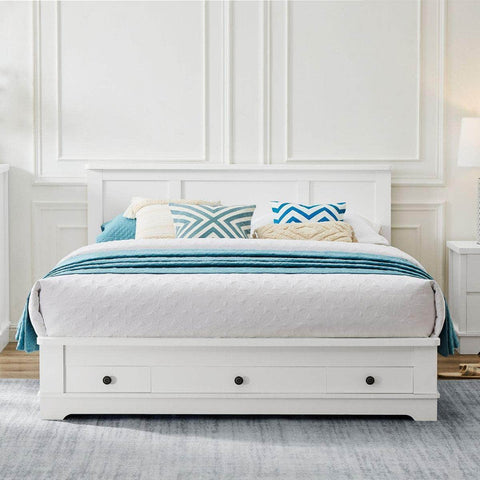 White Coastal Lifestyle Bedframe With Storage Drawers Queen