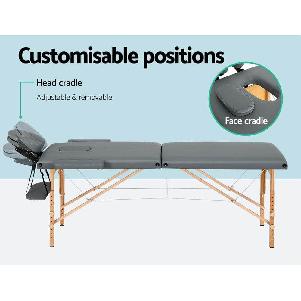Massage Table 56Cm Portable 2 Fold Wooden Beauty Bed Grey