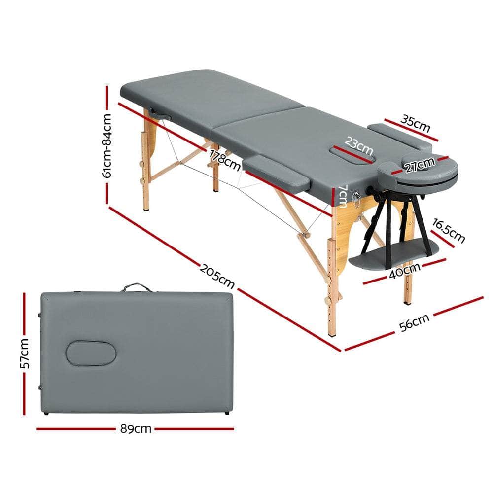 Massage Table 56Cm Portable 2 Fold Wooden Beauty Bed Grey