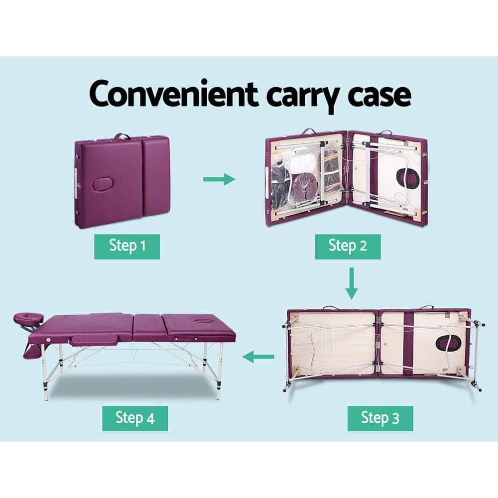 Massage Table 75Cm Portable 3 Fold Aluminium Beauty Bed Violet