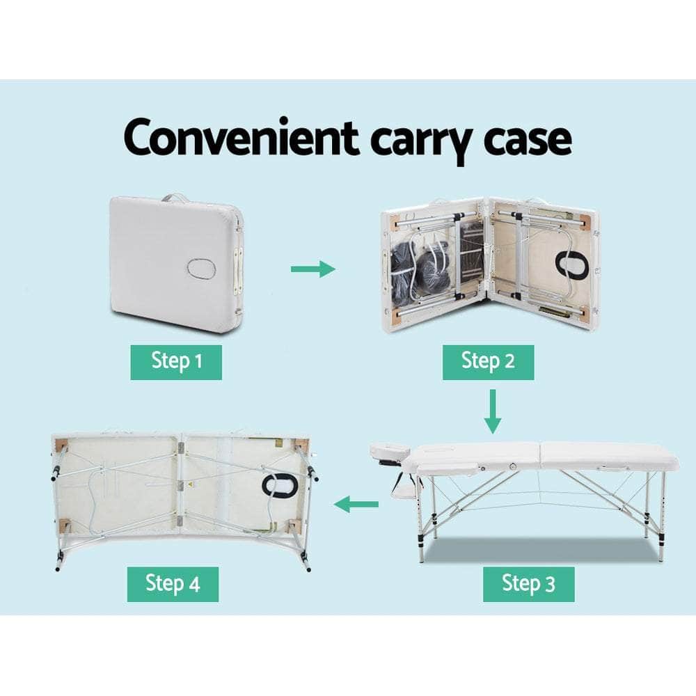 Massage Table 75Cm Portable 3 Fold Aluminium Beauty Bed White