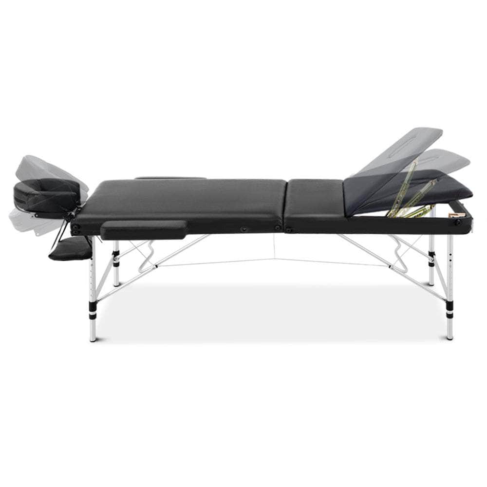 Massage Table 80cm 3 Fold Aluminium Beauty Bed Portable Therapy Black